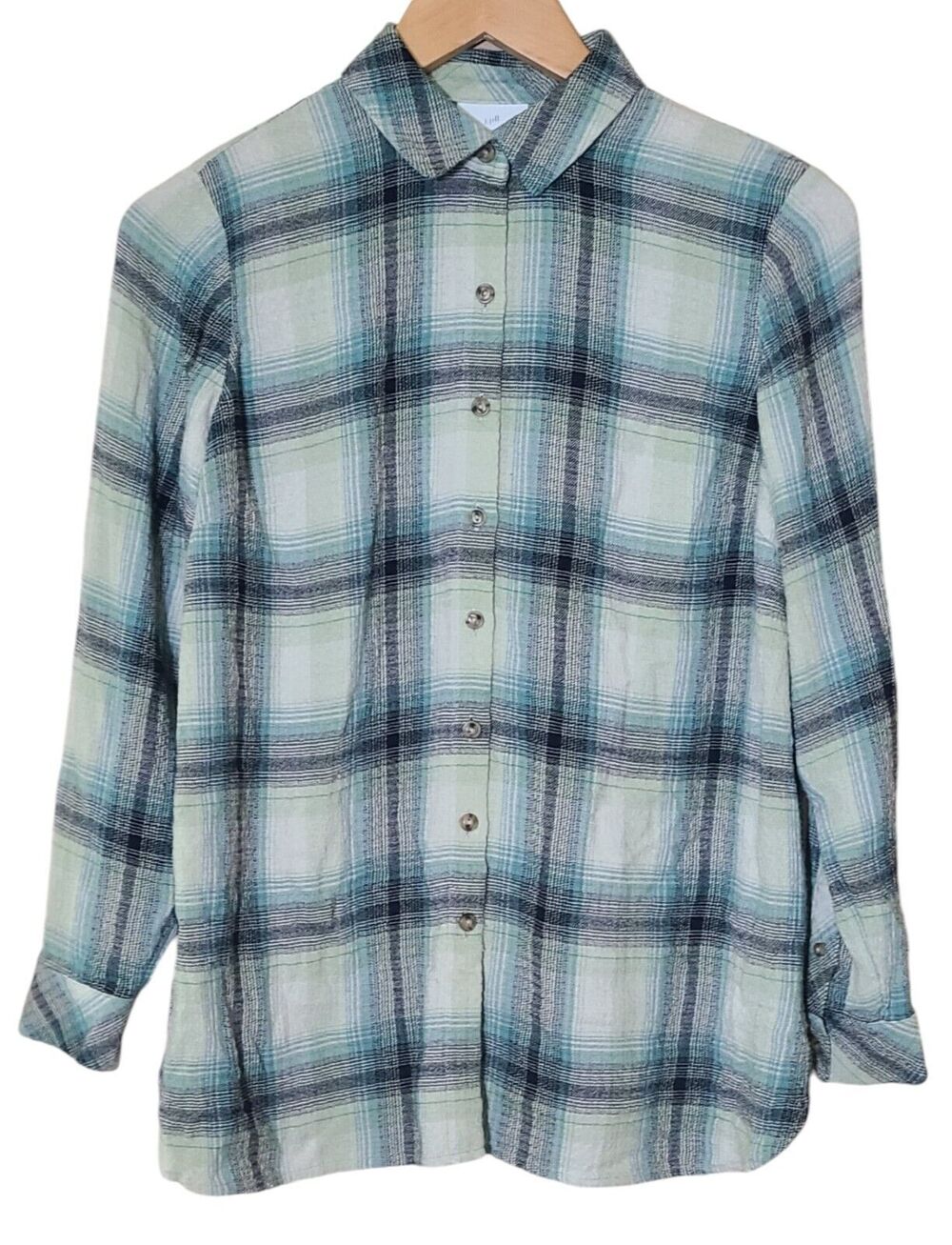 J. Jill Tunic Flannel Top Women's Petite XS Button-Up Blue Plaid Long Sleeve